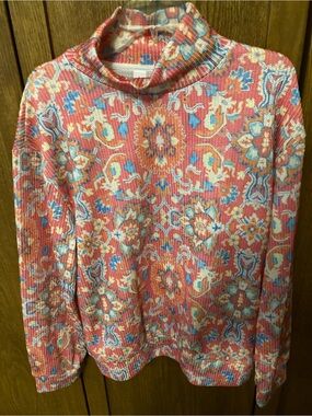 Source Unknown Coral Floral Funnel Neck Sweater with hot Pink and Cream Accents